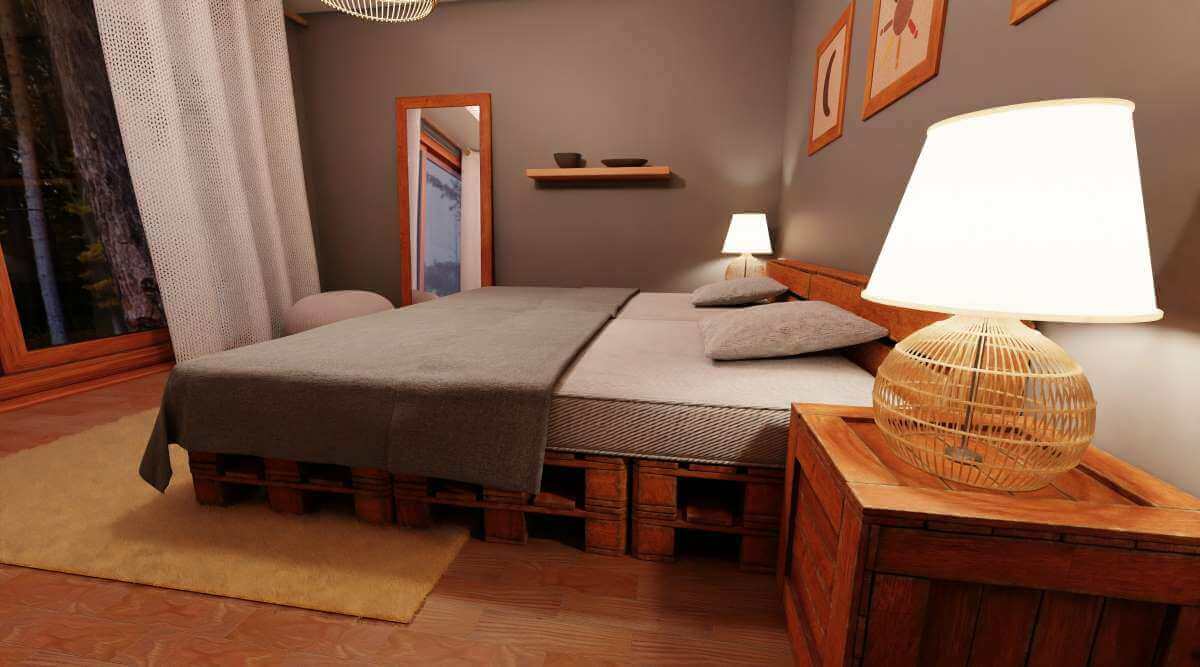 Gemütliches Schlafzimmer mit Palettenbett in Sienna Tönen