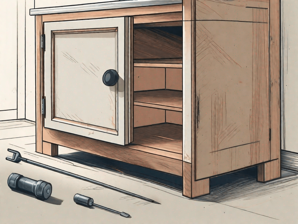 A cabinet door slightly ajar with a screwdriver and a level tool lying nearby