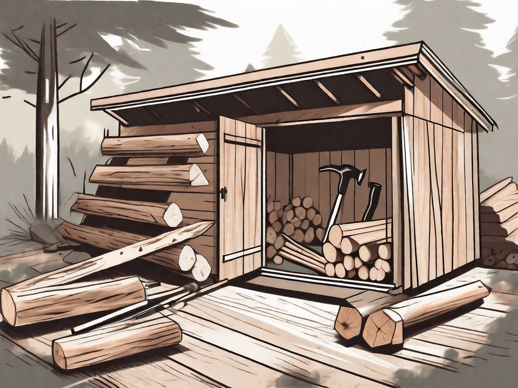 A partially constructed wooden shed with various tools like a hammer