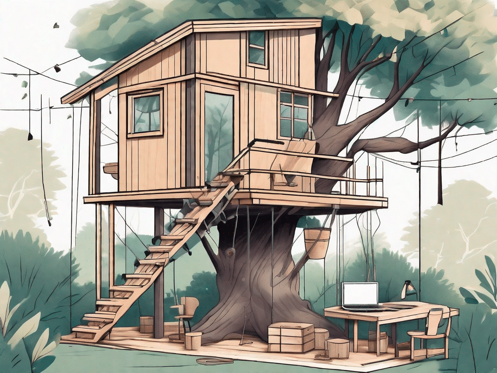 A treehouse under construction with various essential tools and materials scattered around