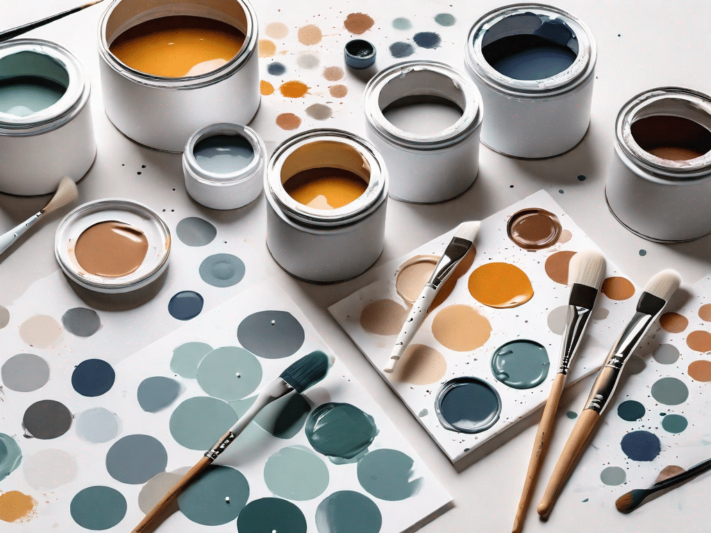 A variety of paint pots and brushes next to several printed templates featuring numbers and connect-the-dots images on a craft table