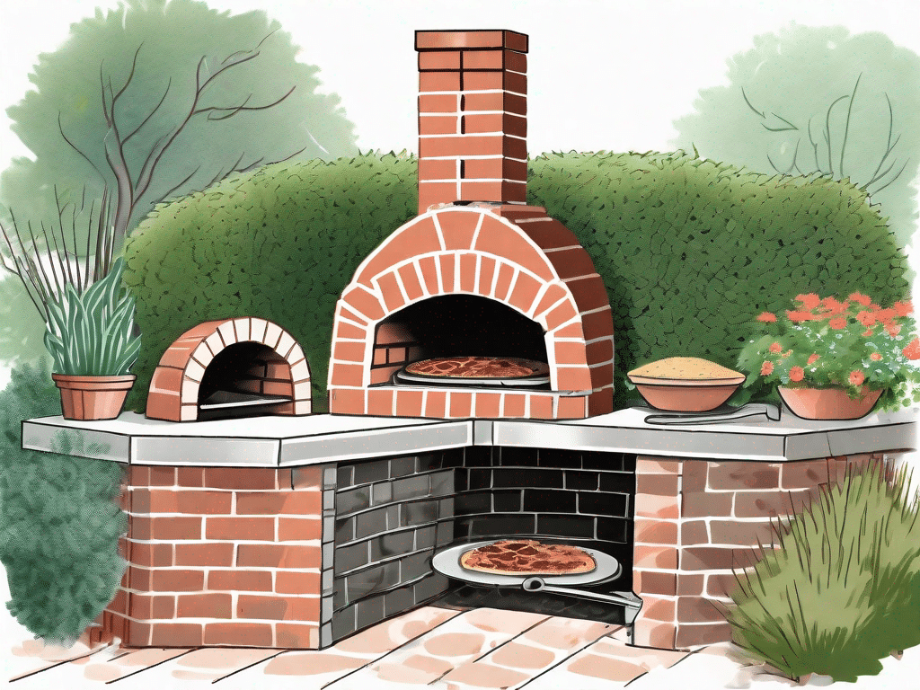A brick oven being constructed in a lush garden