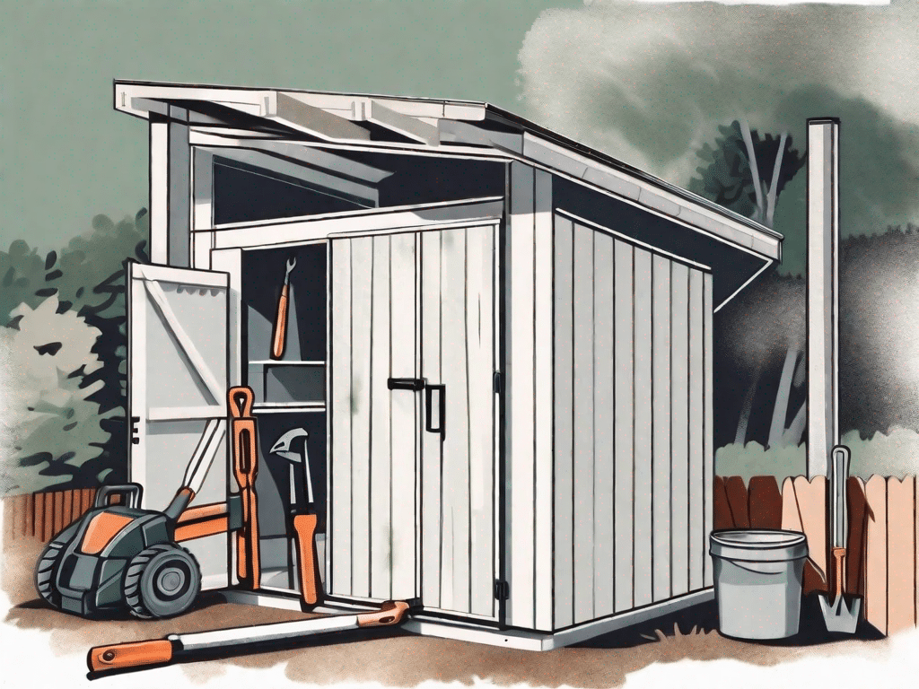 A partially constructed tool shed with various tools like a hammer
