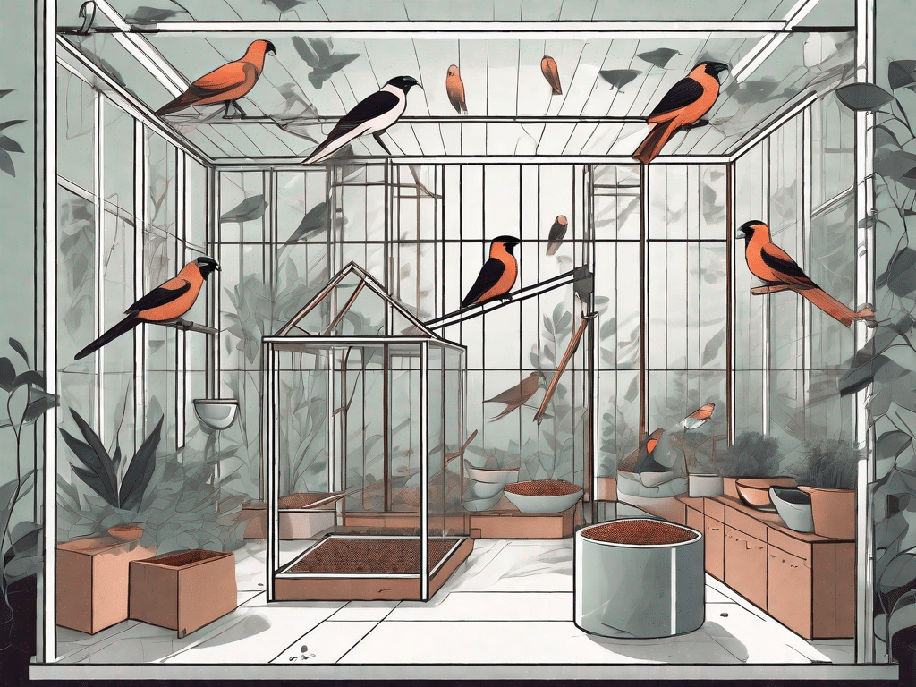 A partially constructed indoor aviary with various tools scattered around it