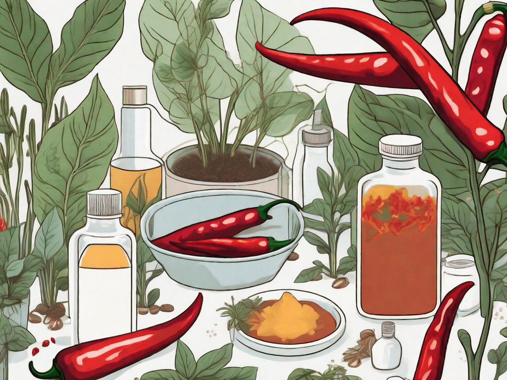 A garden scene featuring various home remedies such as chili peppers