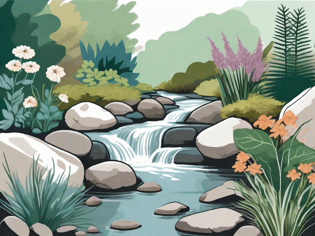 A beautiful garden stream flowing through a lush landscape