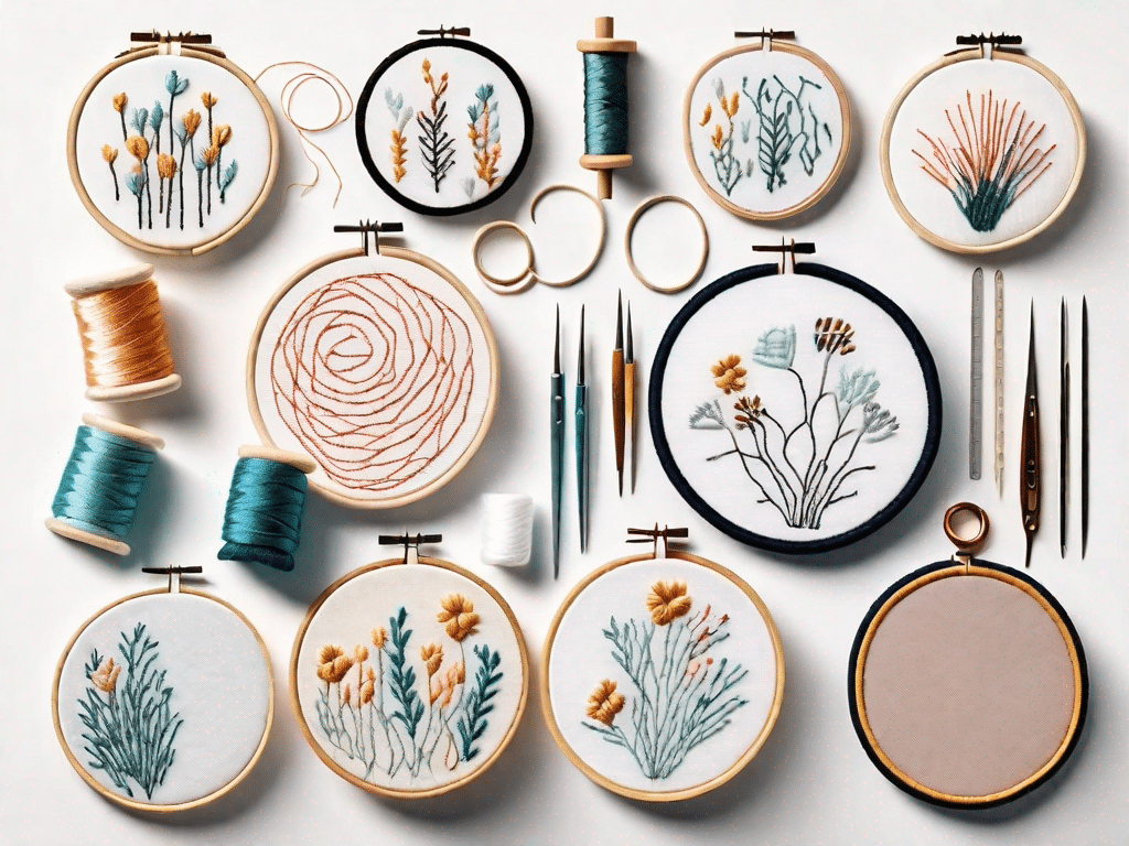 Various embroidery patterns and tools such as needles