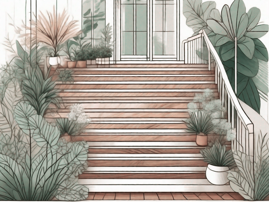 A wooden staircase nestled in a lush garden