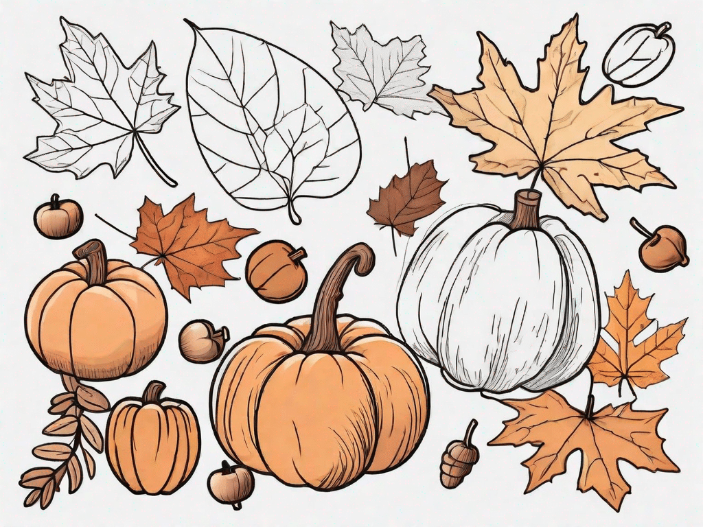 A variety of autumn-themed elements like leaves