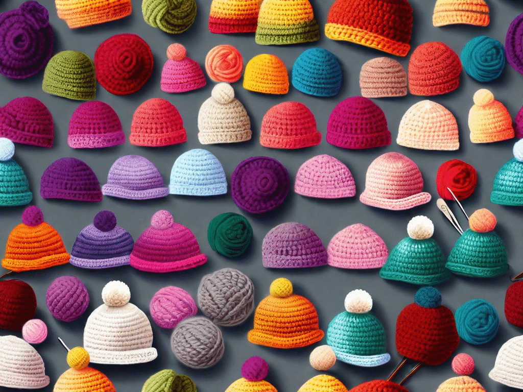 A variety of colorful baby hats made from crochet