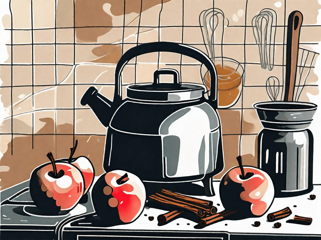 A rustic kitchen setting with a pot of simmering apples on a stove