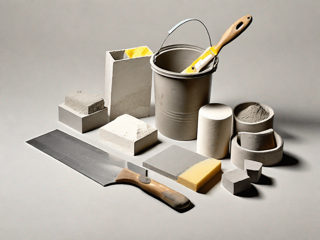 Various tools and materials needed for plastering porenbeton