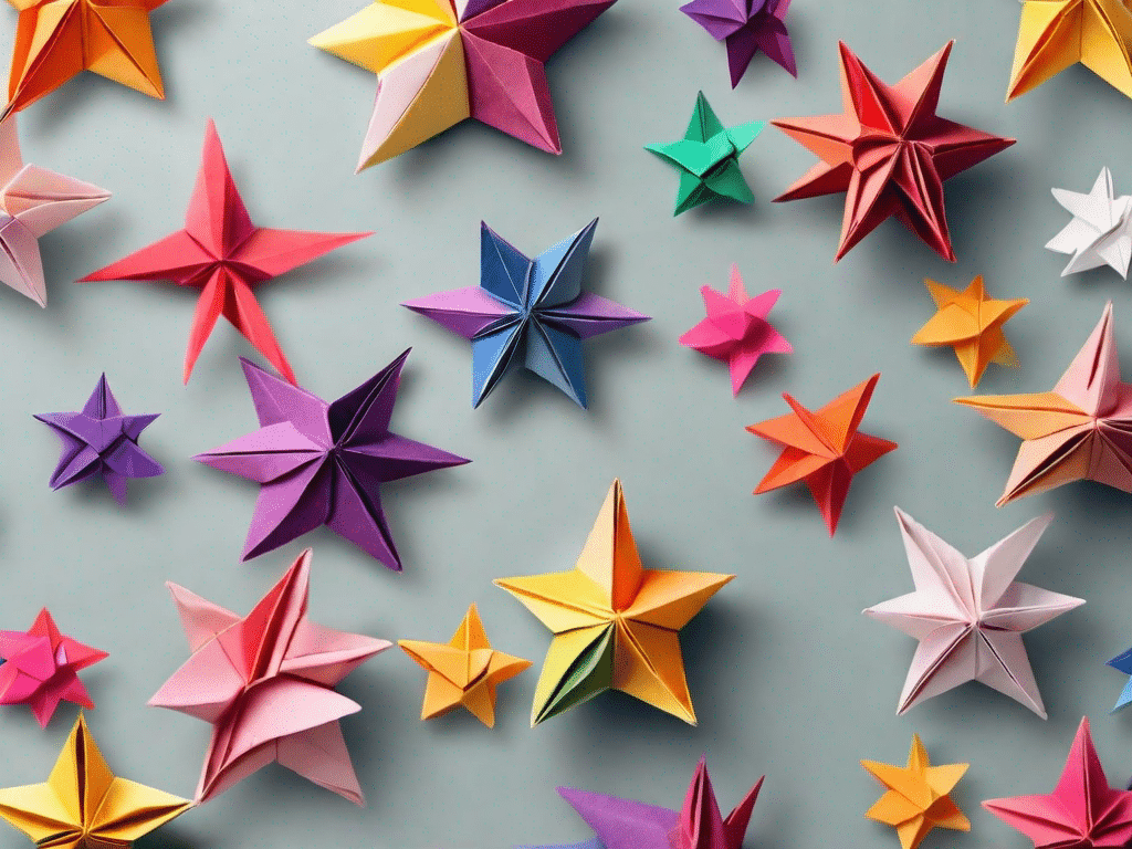 A variety of colorful 3d origami stars in different stages of completion