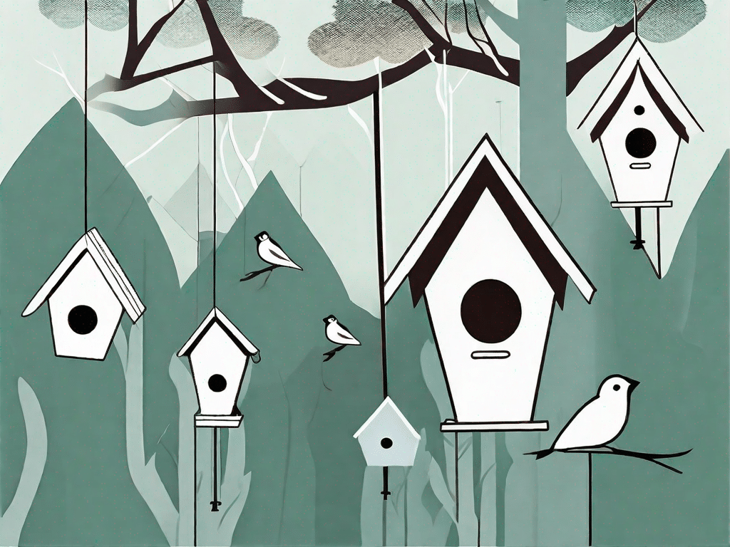 A tranquil garden scene with various creatively designed birdhouses hanging from tree branches