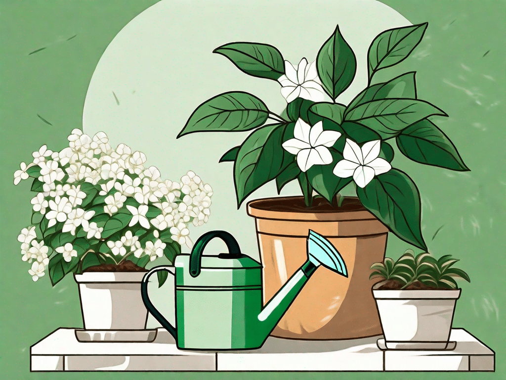 A thriving jasmine plant with lush green leaves and blooming white flowers