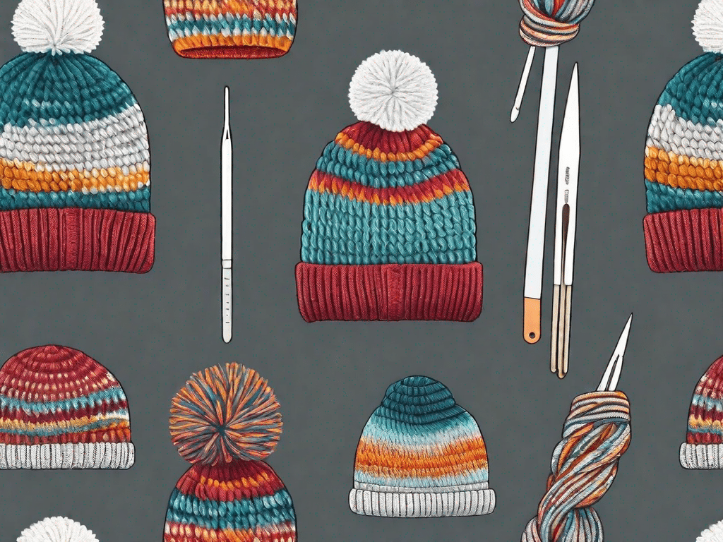 A variety of colorful beanie hats with crochet hooks and yarn