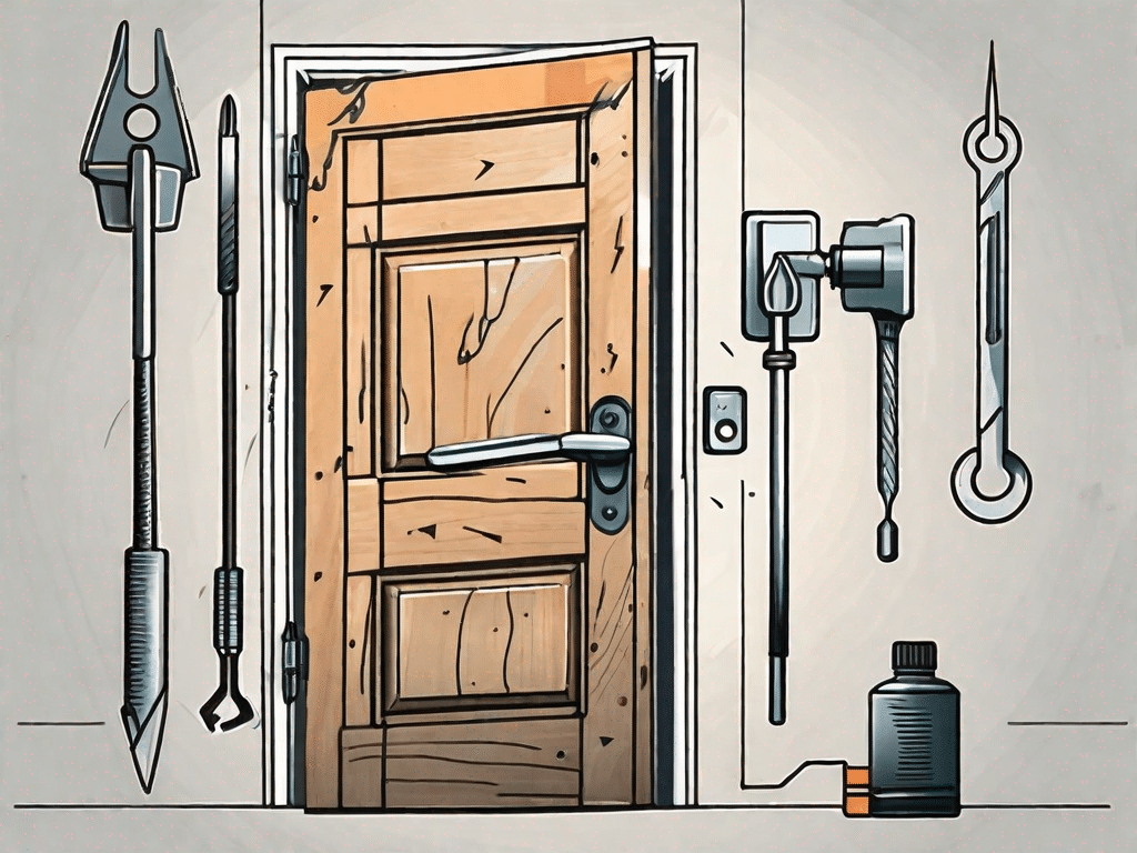 A door lock being fixed using a variety of tools