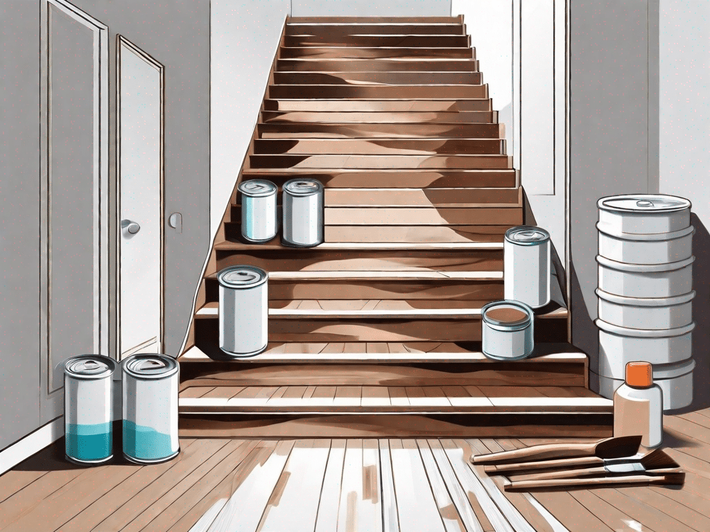 Wooden stairs and a floor mid-process of being painted and sealed