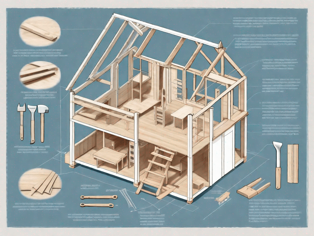 A half-built spielhaus (playhouse) with scattered diy tools