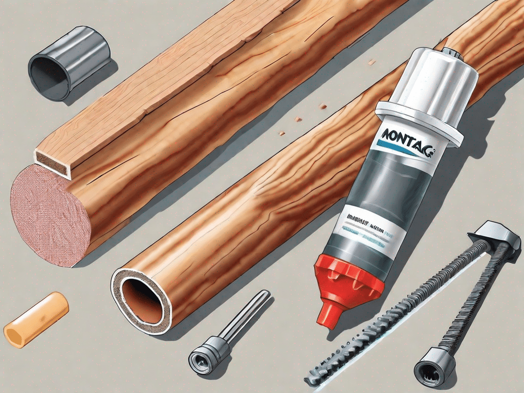 A tube of montage adhesive next to a drill