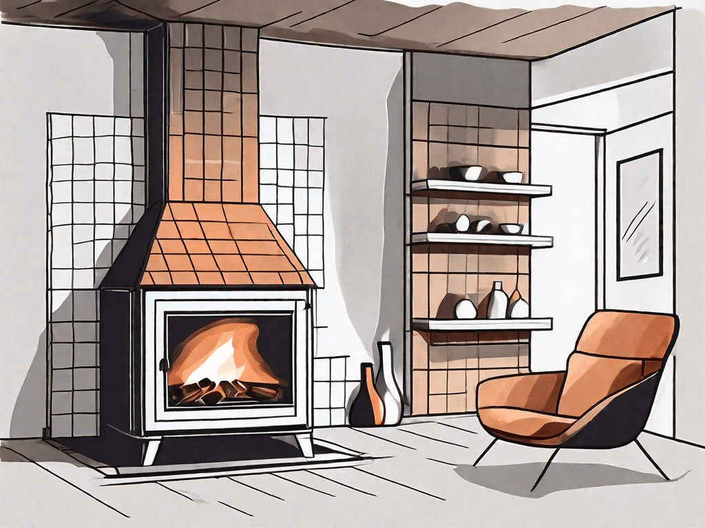 An open fireplace and a tile stove