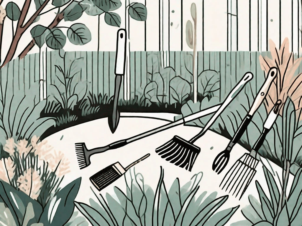 A rakes and hoes in a lush garden setting