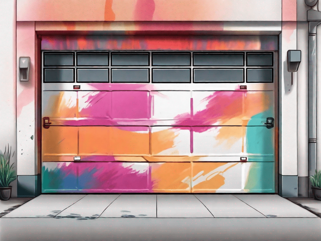 A metal garage door partially painted in a vibrant color with a paintbrush and a paint can nearby