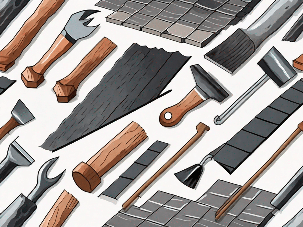 Various bitumen shingles and the tools needed for their installation
