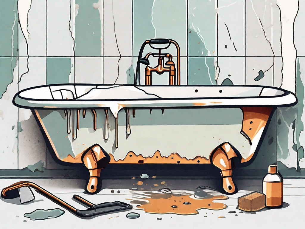 A damaged enamel bathtub with a repair kit nearby