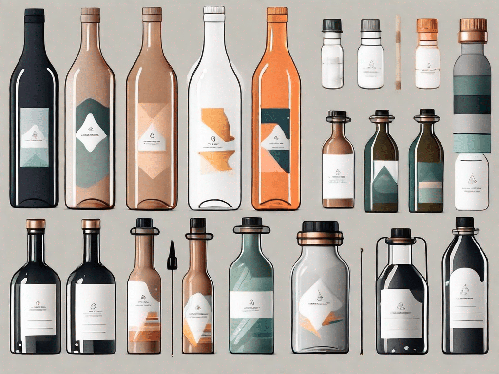 A variety of unique and stylishly designed bottle labels in different shapes and sizes on a desk with design tools like a ruler