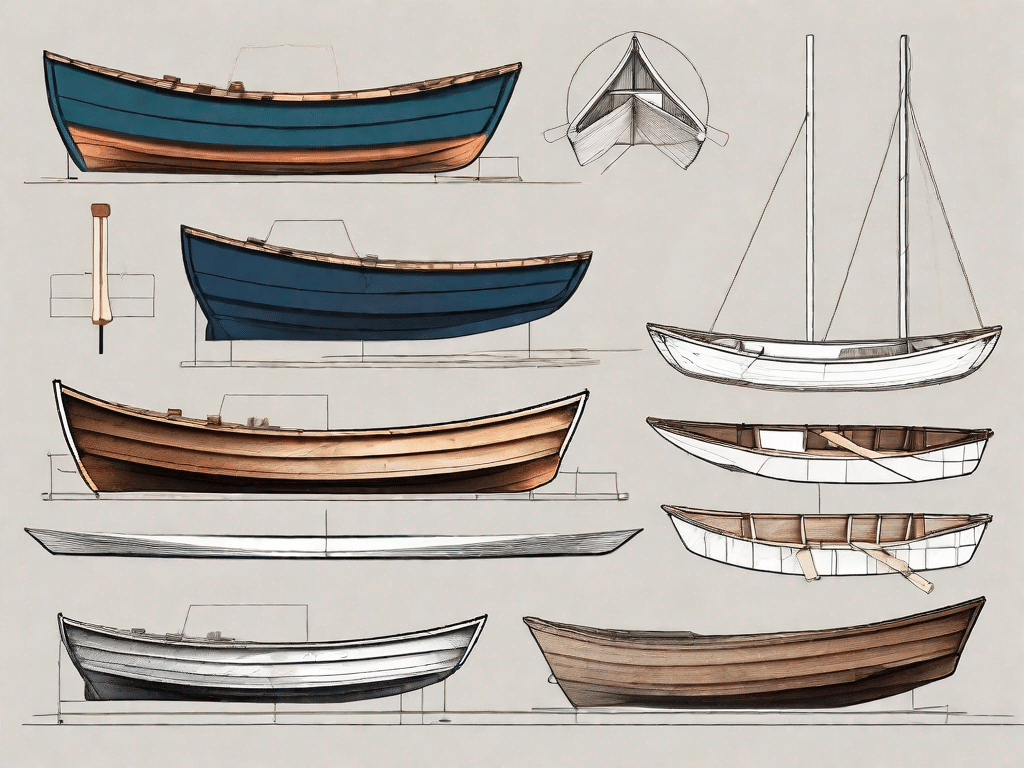 Various stages of a rowboat and a sailboat under construction