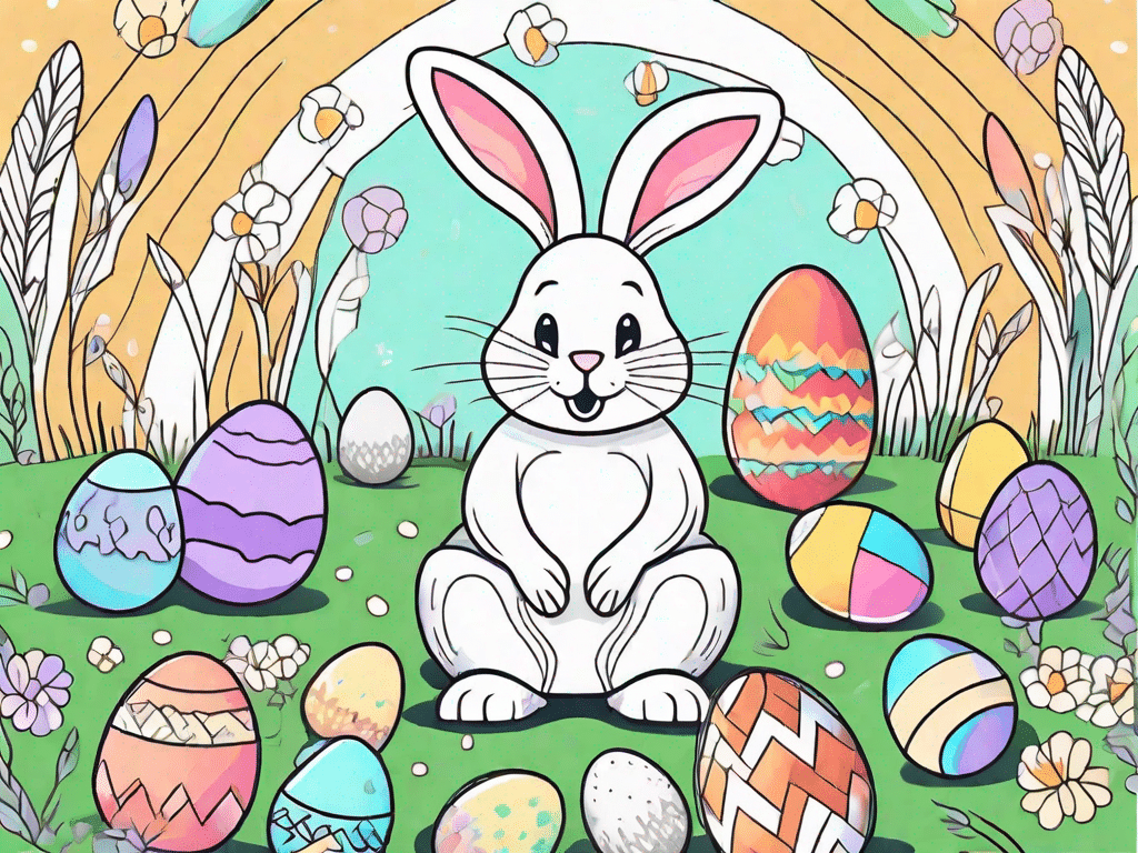 A playful easter bunny surrounded by various easter-themed coloring sheets and colored pencils