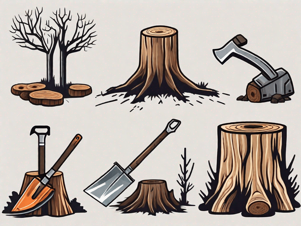 Various tree stumps with tools such as a chainsaw
