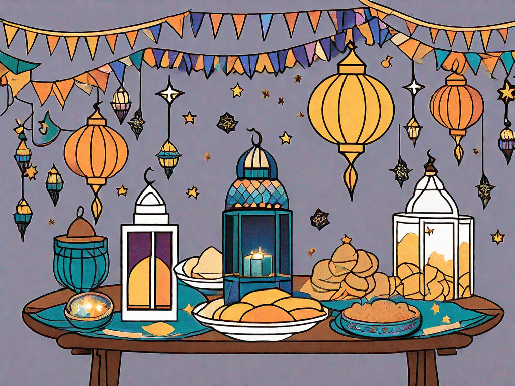 A festive scene featuring islamic symbols such as a crescent moon