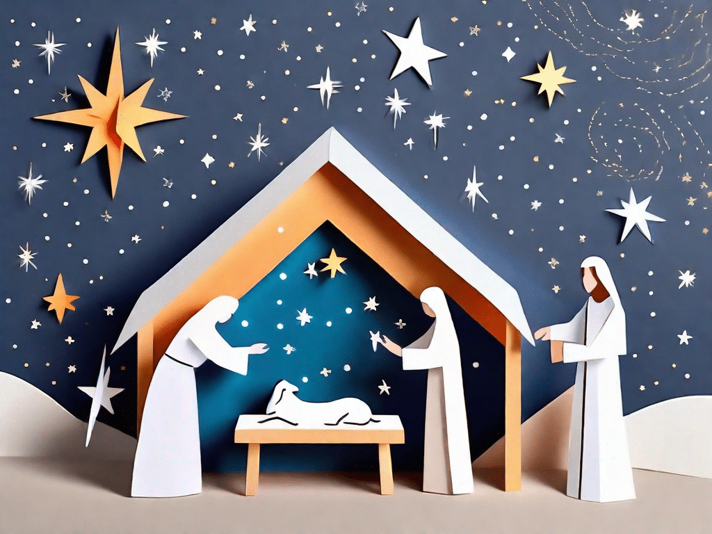 A diy nativity scene showcasing various craft materials like colored paper