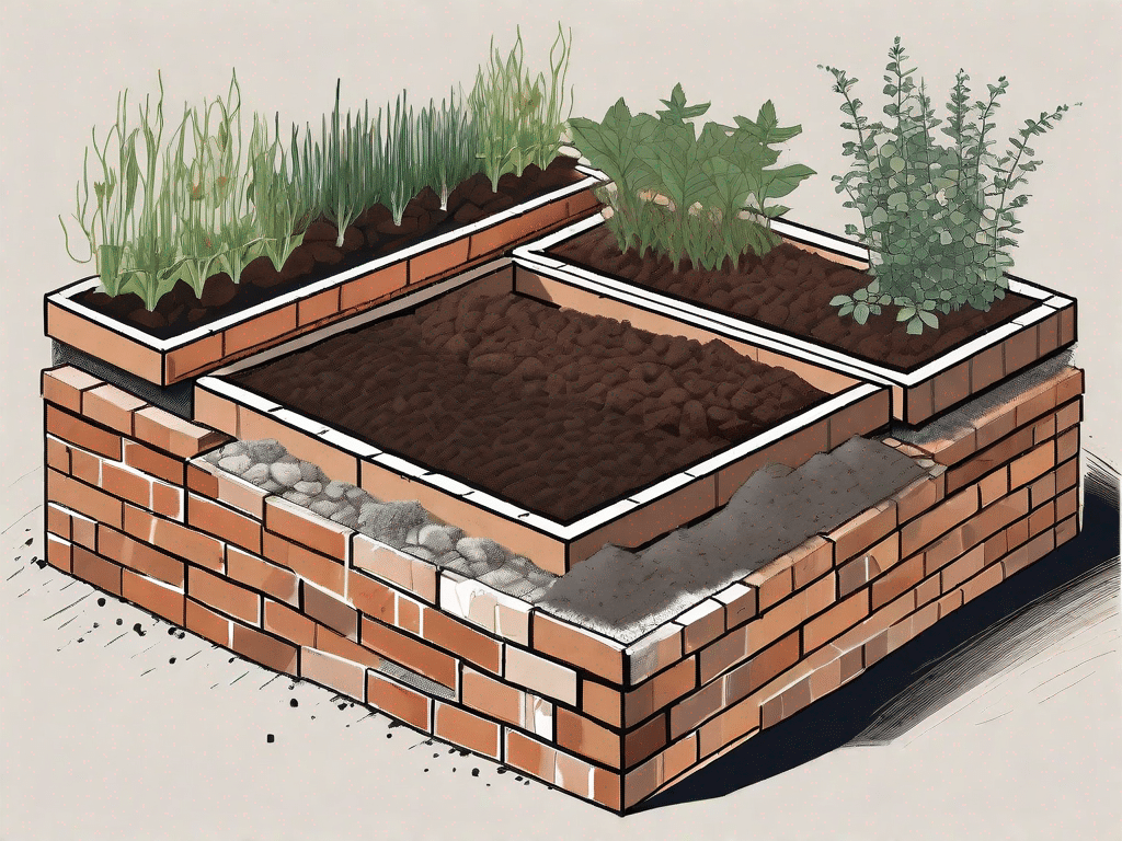 Various stages of a brick raised bed being built