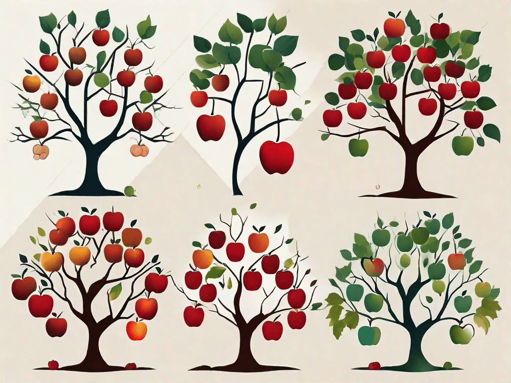 Different apple varieties hanging from tree branches