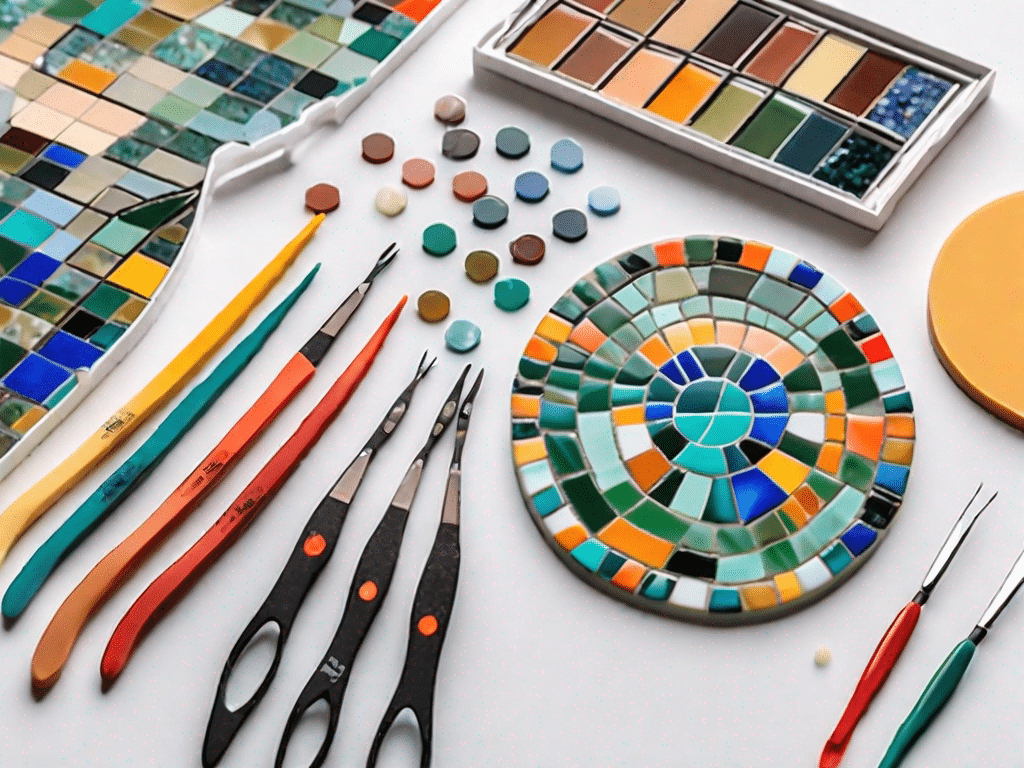 Various mosaic art tools like tweezers