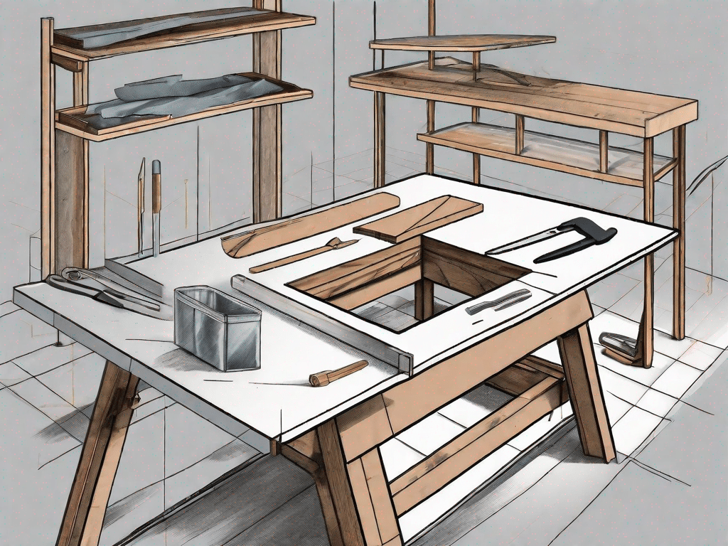 A partially assembled folding table with various tools and materials around it