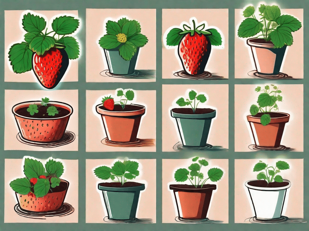Various stages of strawberry plants growing in pots