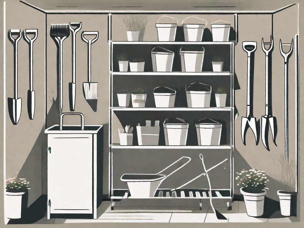 A well-organized garden shed with various tools like rakes