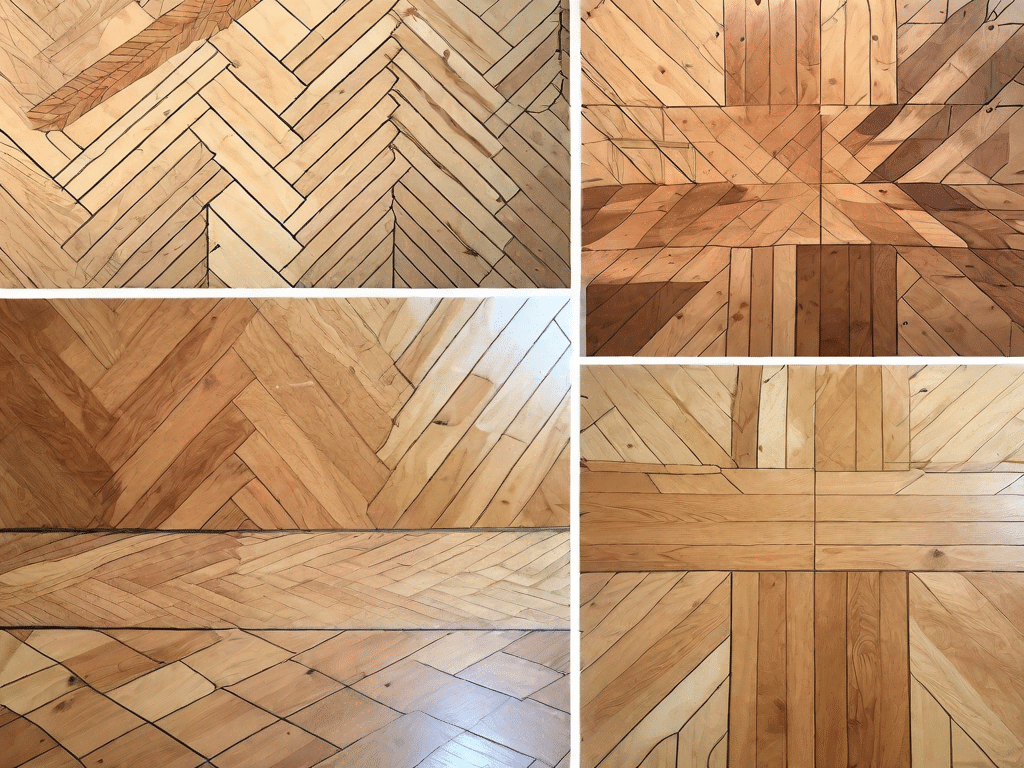 Various stages of parquet flooring restoration process