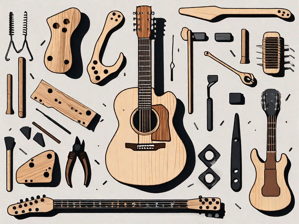 A partially assembled wooden guitar with various tools and guitar parts scattered around it on a workbench