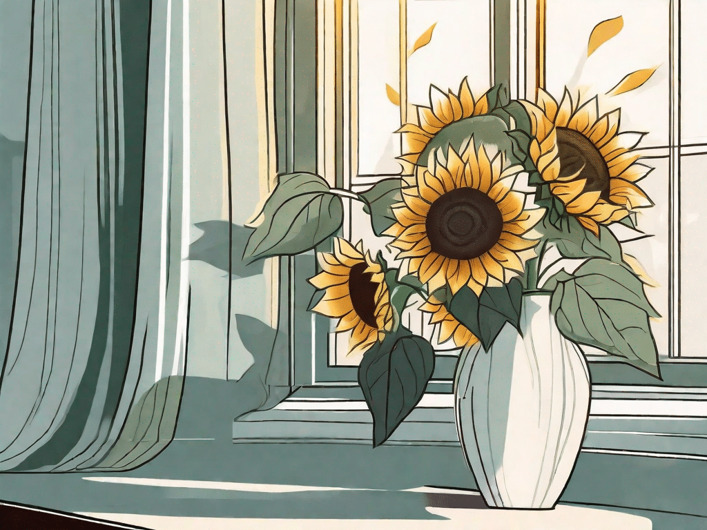 A vibrant sunflower in a vase with detailed petals and leaves