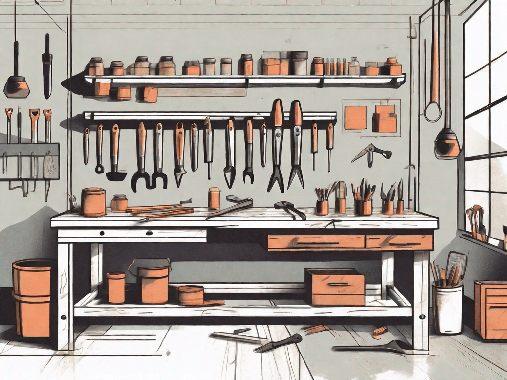 A well-organized workbench with various tools and a half-built workbench showing the step-by-step process