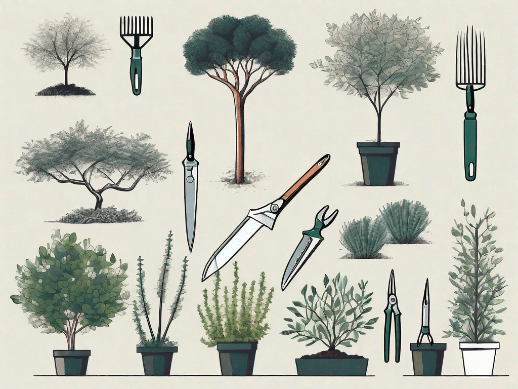 A variety of garden plants with a focus on a tree