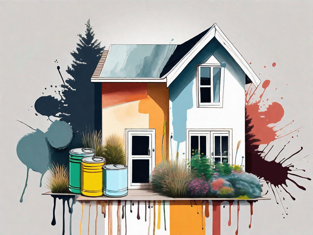 A garden house with various paint cans and brushes nearby