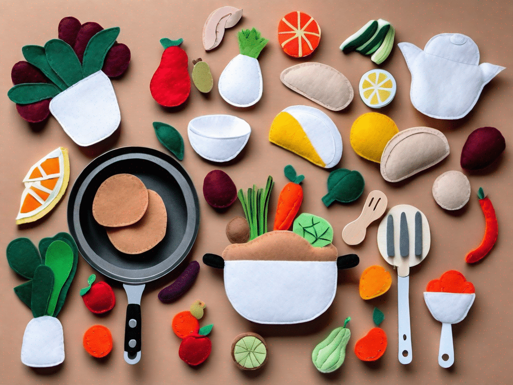 A diy felt play kitchen complete with handmade food items and accessories like a pot