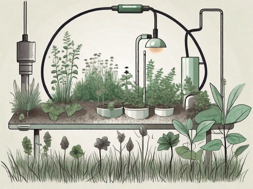 A garden scene featuring various anti-mole methods such as ultrasonic devices