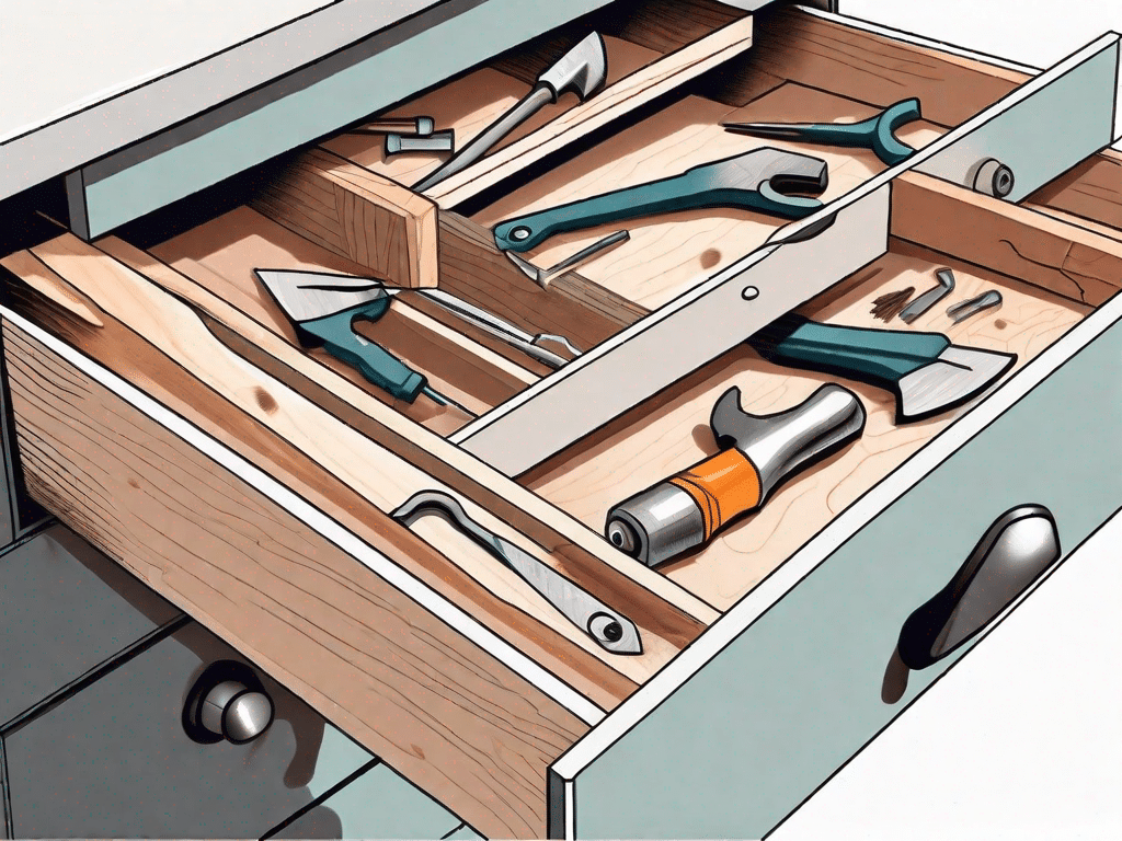 A broken drawer with tools like a screwdriver